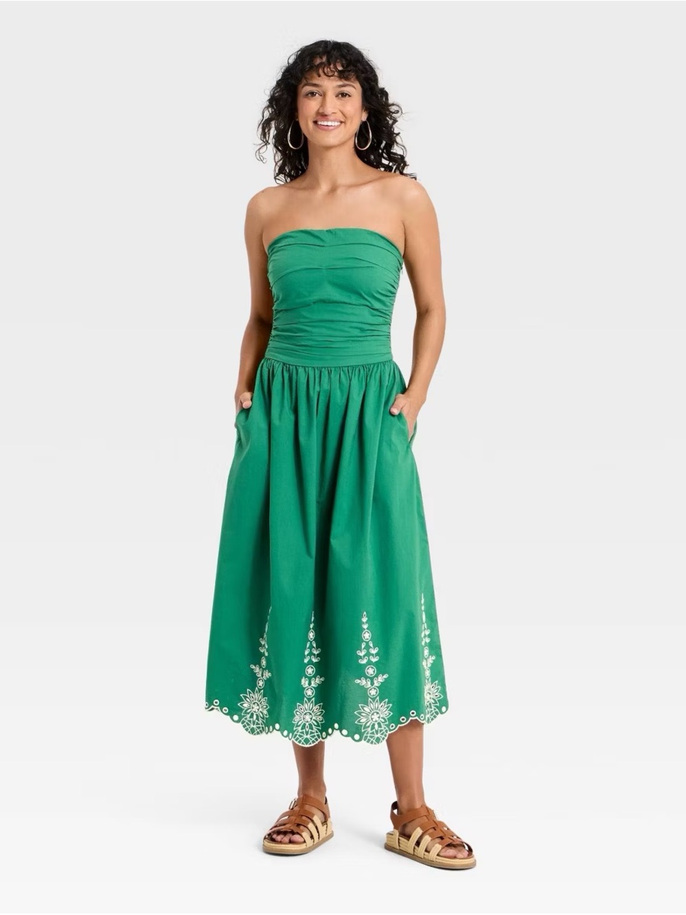 Universal Thread Women's Strapless Midi Sundress Green L Embroidered Hem